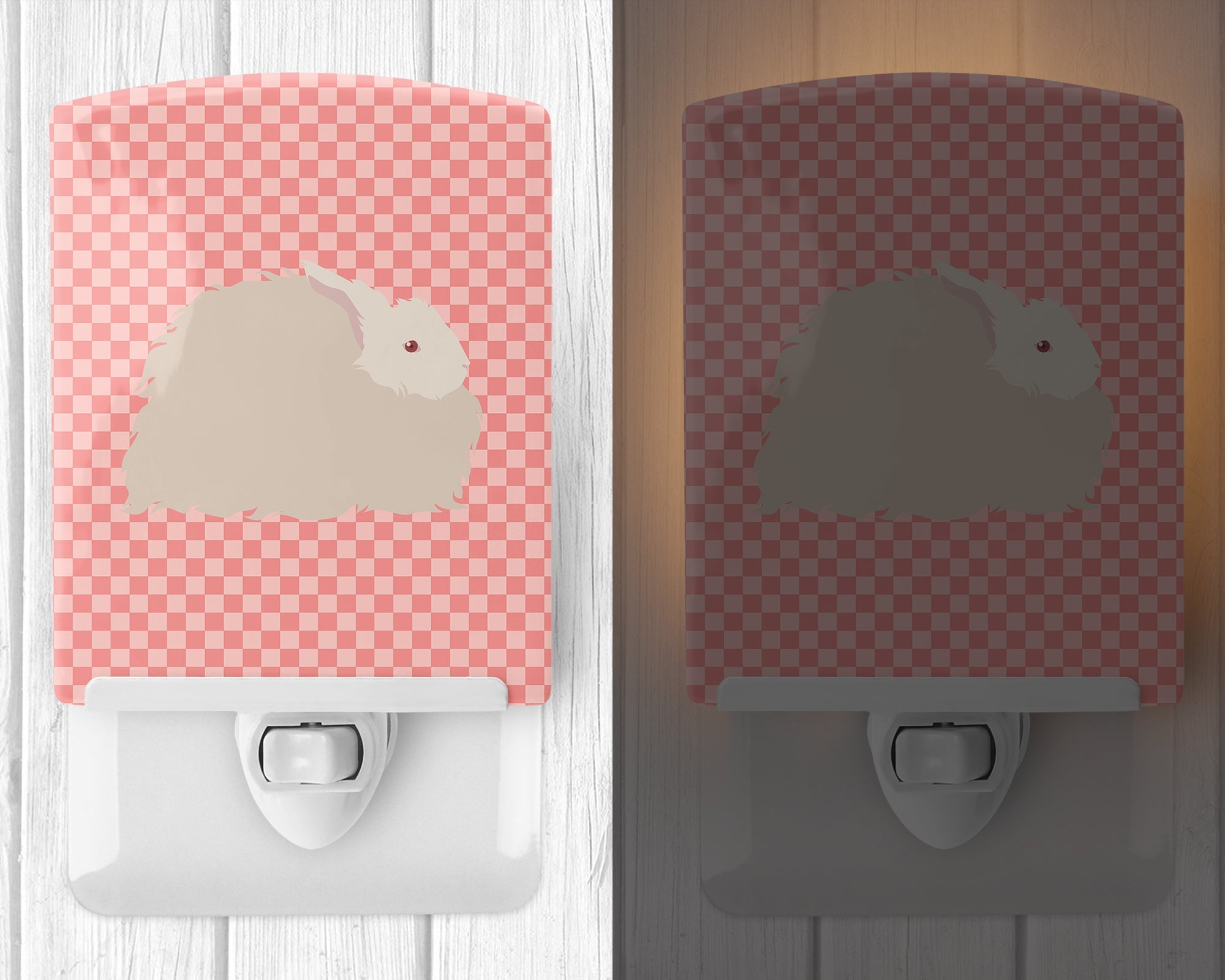 Fluffy Angora Rabbit Pink Check Ceramic Night Light Compact, UL-Certified, Ideal for Bedroom, Bathroom, Nursery, Hallway, Kitchen, 6x4x3, Multicolor
