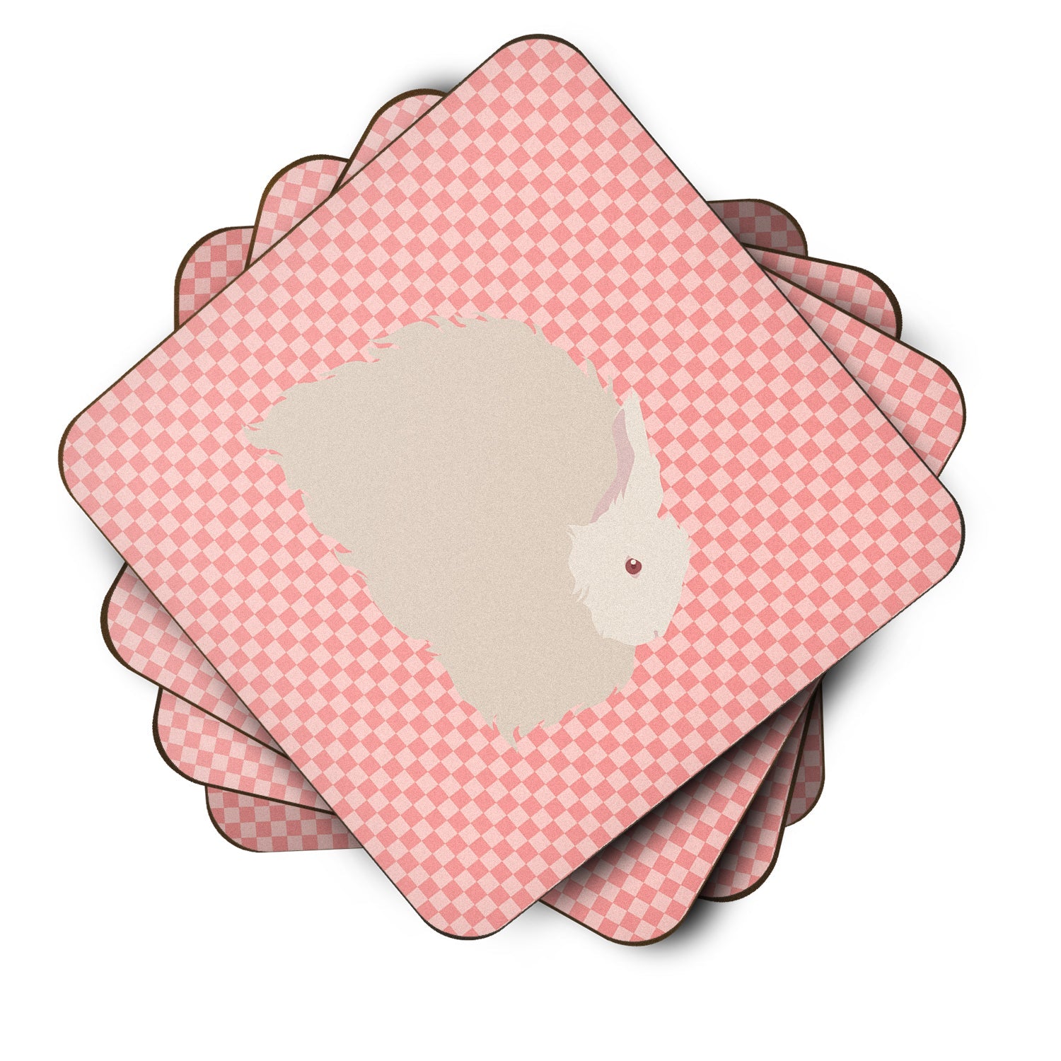 Fluffy Angora Rabbit Pink Check Foam Coasters Set of 4 Cup Coasters for Indoor Outdoor, Tabletop Protection, Anti Slip, Mouse pad Material