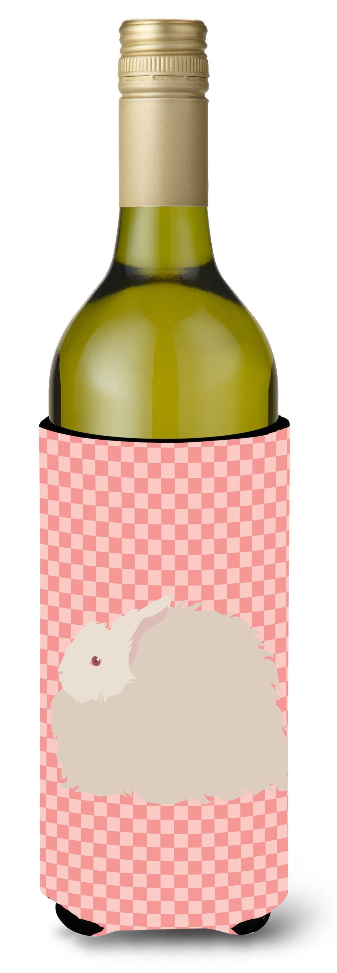 Fluffy Angora Rabbit Pink Check Wine Bottle Hugger Gift Sleeve for Standard 750 ml Bottles, Insulated Reusable Also Fits Mini Shot & Pint Bottles