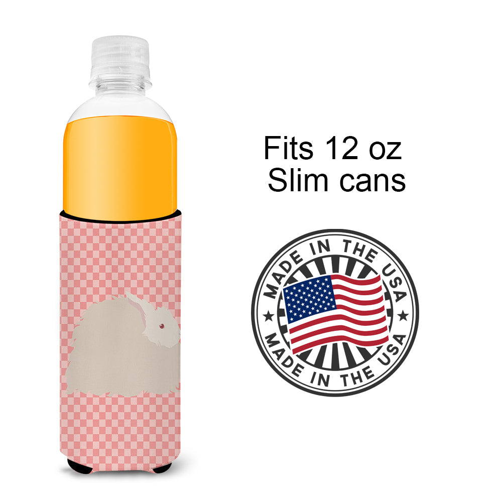 Fluffy Angora Rabbit Pink Check Slim Can Hugger , Insulated Foam Hugger for 12 oz Slim Cans, Beer Bottles & Water Bottles, Printed in USA