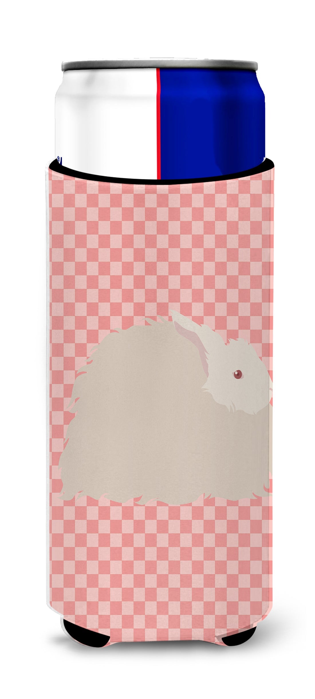 Fluffy Angora Rabbit Pink Check Slim Can Hugger , Insulated Foam Hugger for 12 oz Slim Cans, Beer Bottles & Water Bottles, Printed in USA
