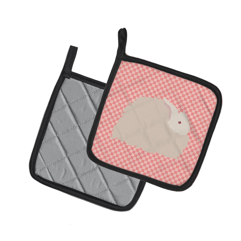 Fluffy Angora Rabbit Pink Check Pot Holder Set of 2 Heat Resistant Quilted Hot Pads 7.5 x 7.5 Inch, Insulated Kitchen Trivets for Cooking & Baking