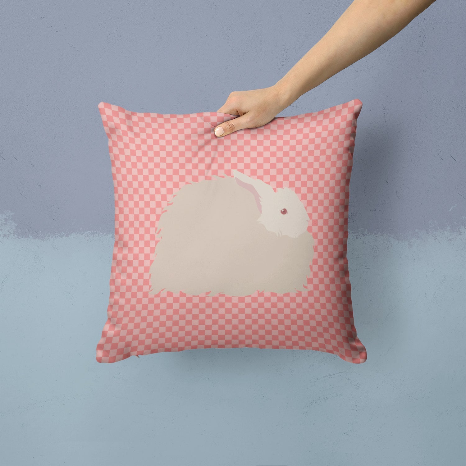 Fluffy Angora Rabbit Pink Check Decorative Throw Pillow 14x14 Indoor Outdoor Accent Cushion, Fabric Cover with Insert for Sofa, Bed, Porch & Living Room