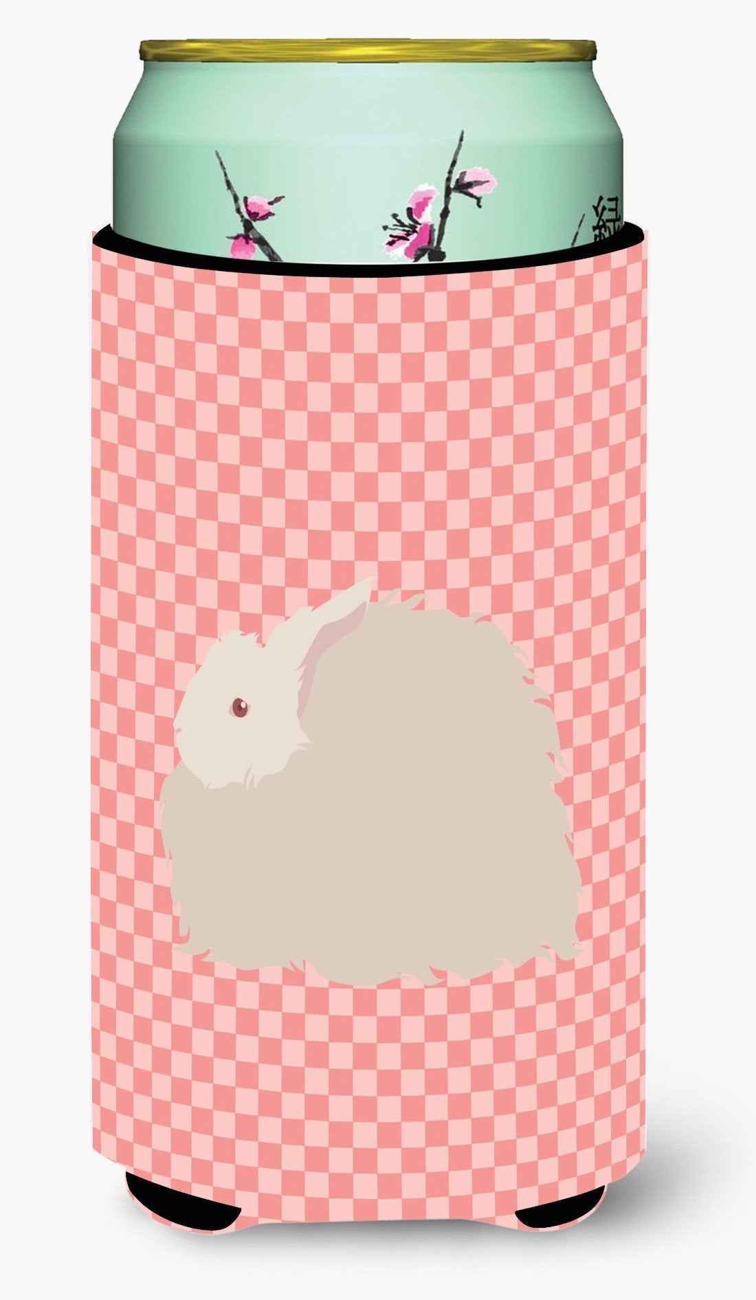 Fluffy Angora Rabbit Pink Check Tall Boy Hugger Can Cooler Sleeve Machine Washable Drink Collapsible Insulator Beverage Insulated Holder