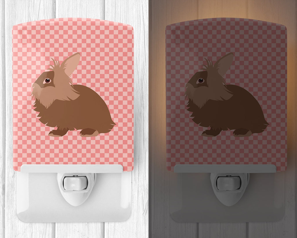 Lionhead Rabbit Pink Check Ceramic Night Light Compact, UL-Certified, Ideal for Bedroom, Bathroom, Nursery, Hallway, Kitchen, 6x4x3, Multicolor