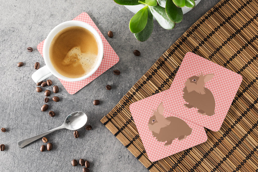 Lionhead Rabbit Pink Check Foam Coasters Set of 4 Cup Coasters for Indoor Outdoor, Tabletop Protection, Anti Slip, Mouse pad Material