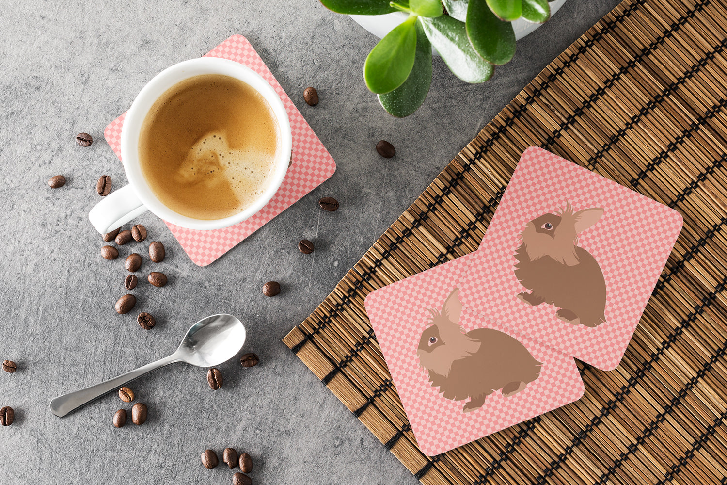 Lionhead Rabbit Pink Check Foam Coasters Set of 4 Cup Coasters for Indoor Outdoor, Tabletop Protection, Anti Slip, Mouse pad Material