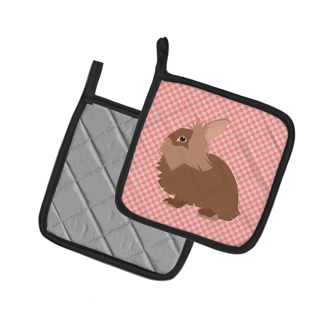 Lionhead Rabbit Pink Check Pot Holder Set of 2 Heat Resistant Quilted Hot Pads 7.5 x 7.5 Inch, Insulated Kitchen Trivets for Cooking & Baking