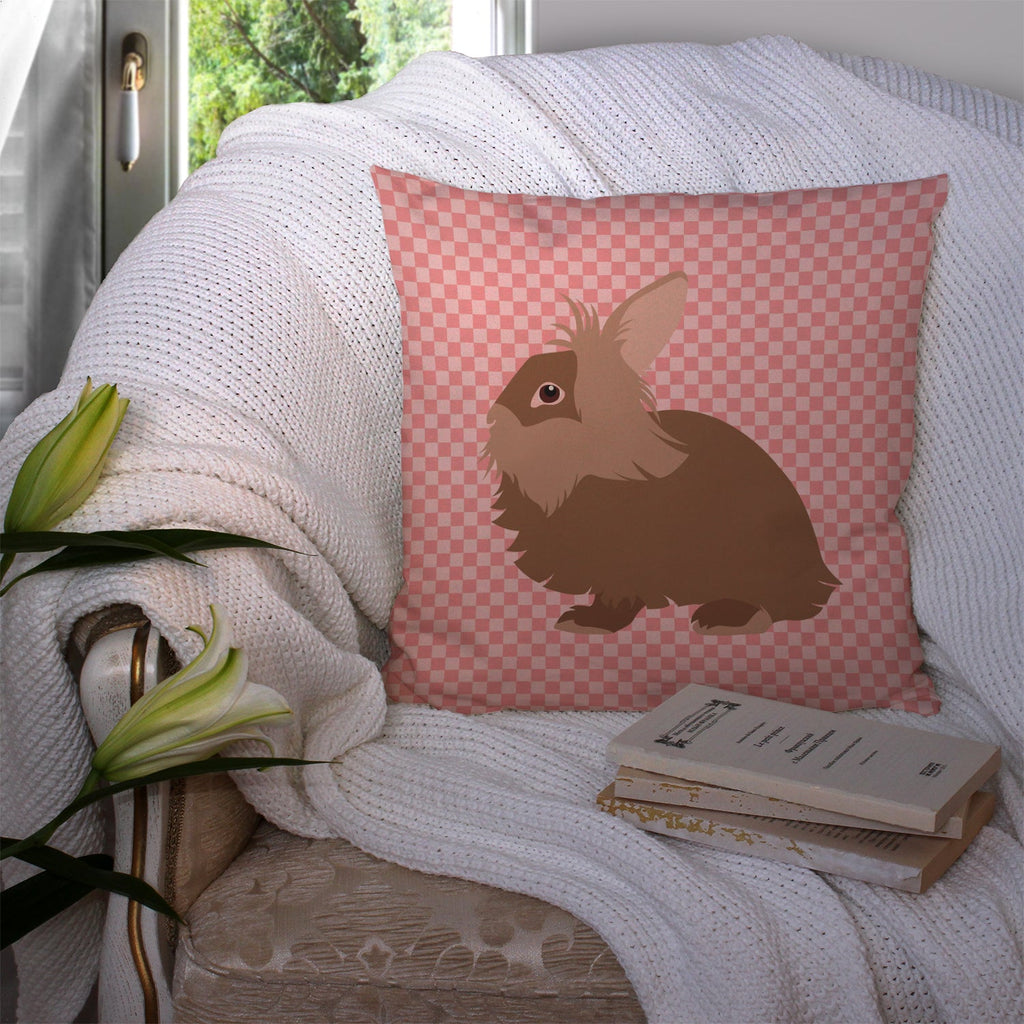 Lionhead Rabbit Pink Check Decorative Throw Pillow 14x14 Indoor Outdoor Accent Cushion, Fabric Cover with Insert for Sofa, Bed, Porch & Living Room