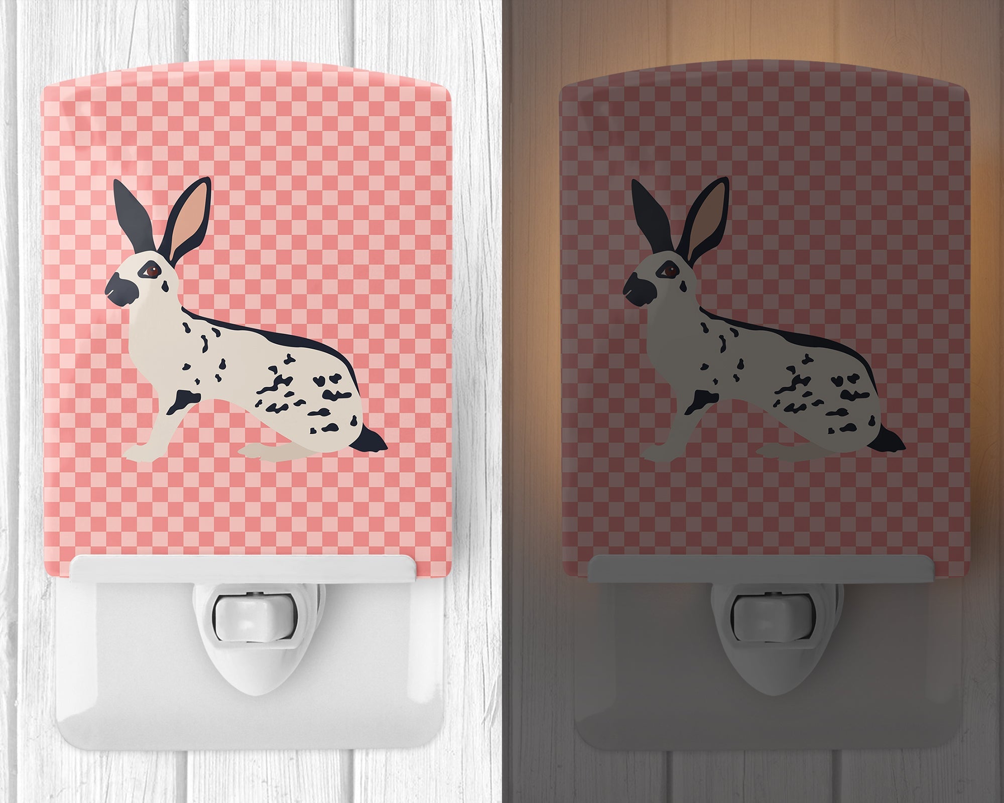 English Spot Rabbit Pink Check Ceramic Night Light Compact, UL-Certified, Ideal for Bedroom, Bathroom, Nursery, Hallway, Kitchen, 6x4x3, Multicolor