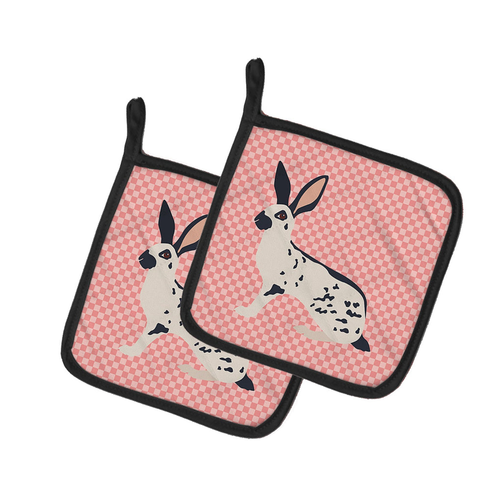 English Spot Rabbit Pink Check Pot Holder Set of 2 Heat Resistant Quilted Hot Pads 7.5 x 7.5 Inch, Insulated Kitchen Trivets for Cooking & Baking