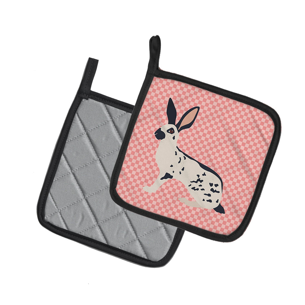 English Spot Rabbit Pink Check Pot Holder Set of 2 Heat Resistant Quilted Hot Pads 7.5 x 7.5 Inch, Insulated Kitchen Trivets for Cooking & Baking