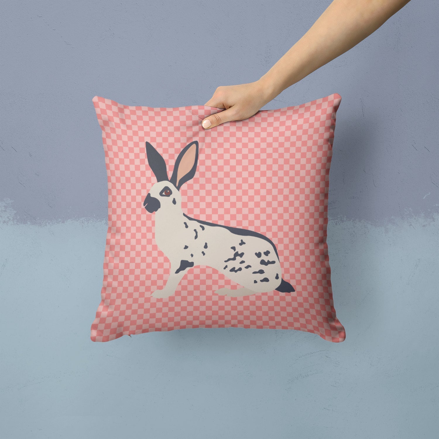 English Spot Rabbit Pink Check Decorative Throw Pillow 14x14 Indoor Outdoor Accent Cushion, Fabric Cover with Insert for Sofa, Bed, Porch & Living Room