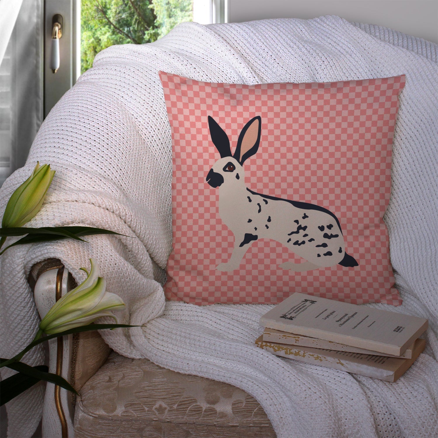 English Spot Rabbit Pink Check Decorative Throw Pillow 14x14 Indoor Outdoor Accent Cushion, Fabric Cover with Insert for Sofa, Bed, Porch & Living Room