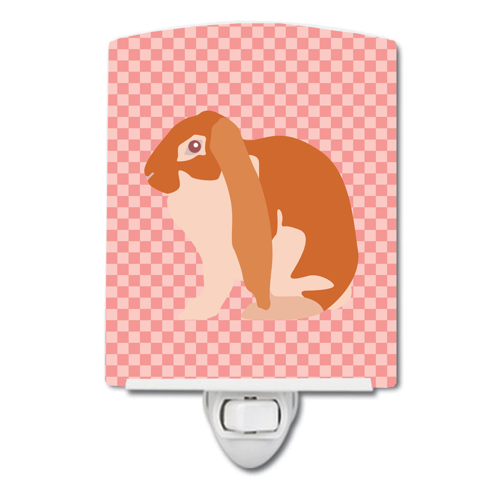English Lop Rabbit Pink Check Ceramic Night Light Compact, UL-Certified, Ideal for Bedroom, Bathroom, Nursery, Hallway, Kitchen, 6x4x3, Multicolor
