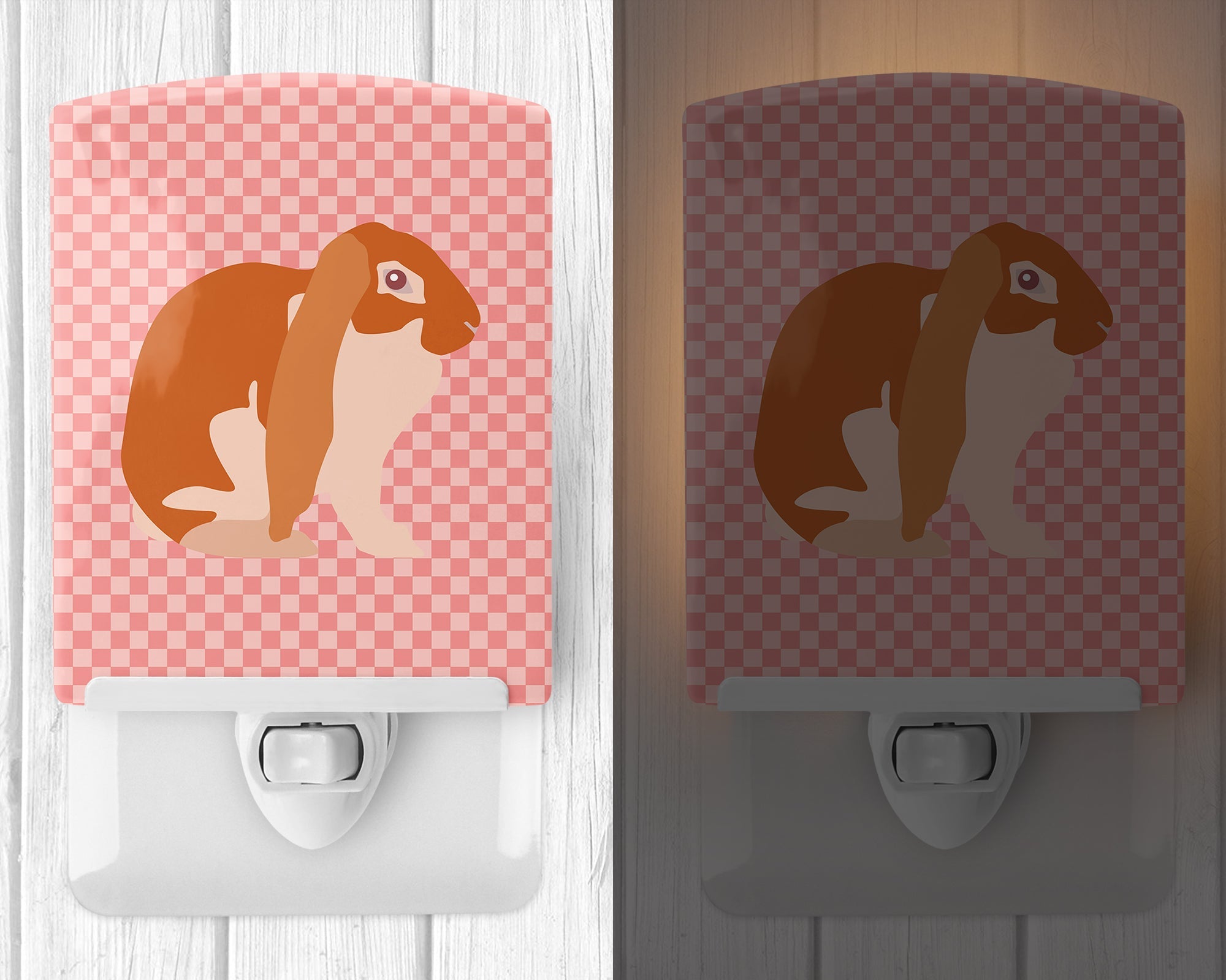 English Lop Rabbit Pink Check Ceramic Night Light Compact, UL-Certified, Ideal for Bedroom, Bathroom, Nursery, Hallway, Kitchen, 6x4x3, Multicolor