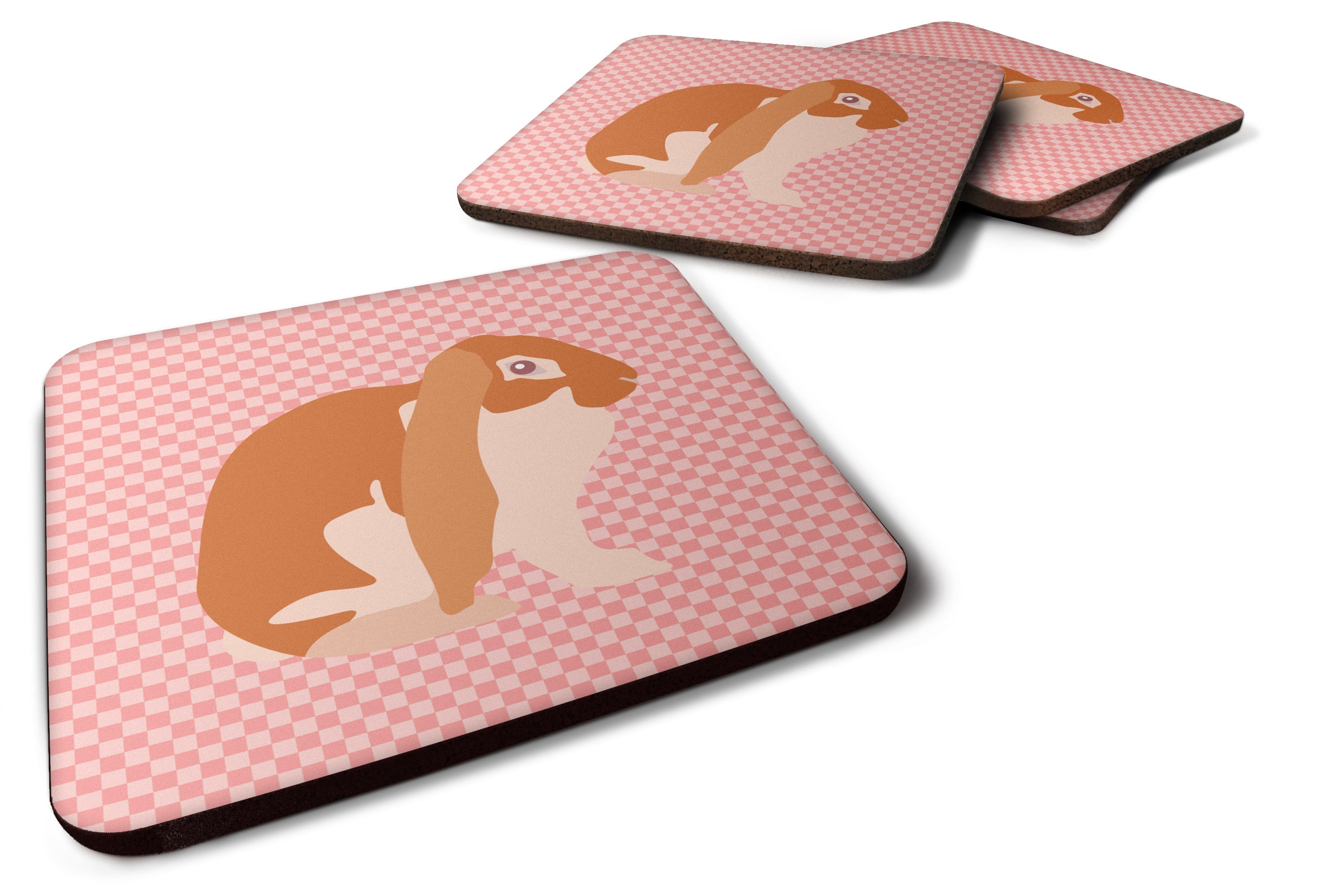 English Lop Rabbit Pink Check Foam Coasters Set of 4 Cup Coasters for Indoor Outdoor, Tabletop Protection, Anti Slip, Mouse pad Material