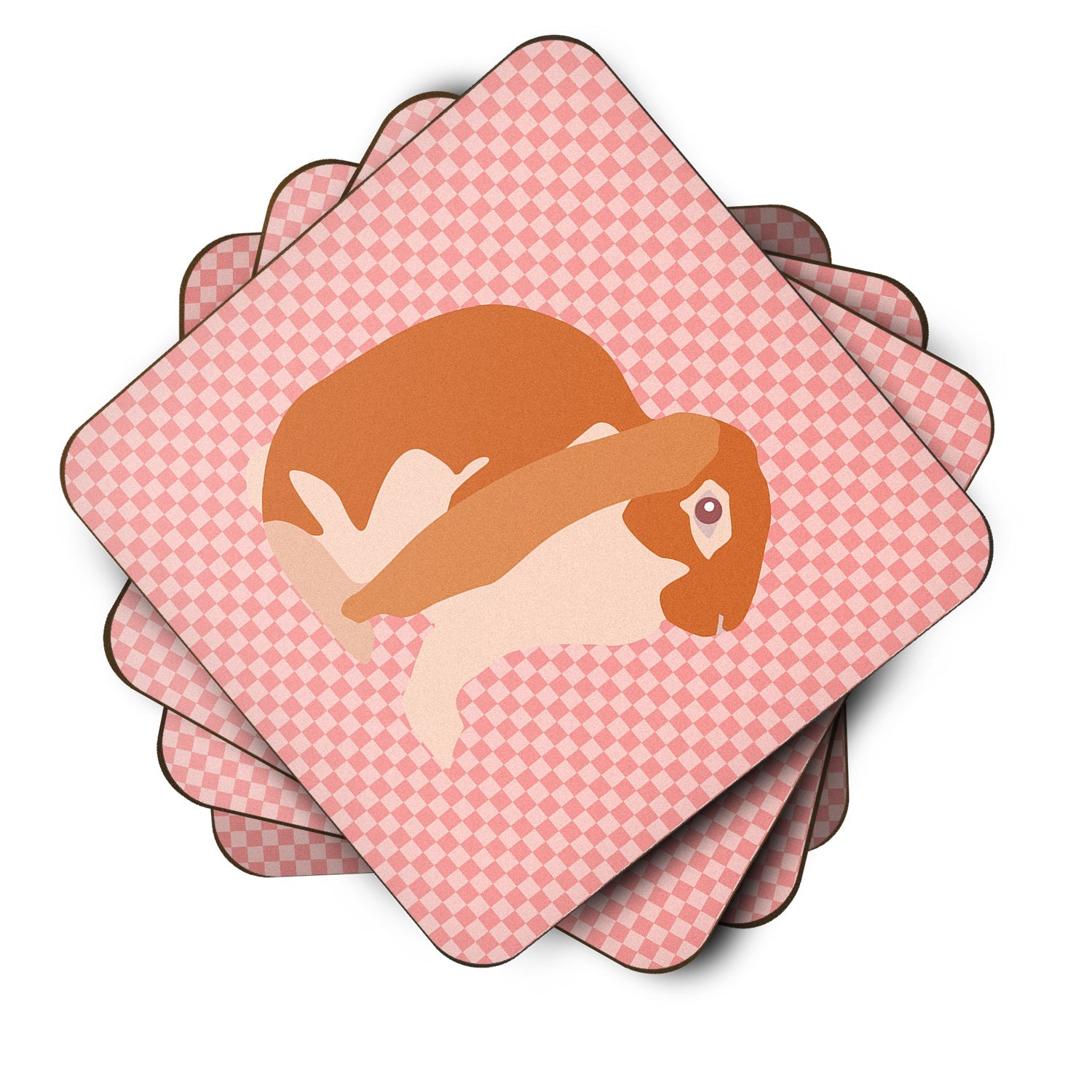 English Lop Rabbit Pink Check Foam Coasters Set of 4 Cup Coasters for Indoor Outdoor, Tabletop Protection, Anti Slip, Mouse pad Material