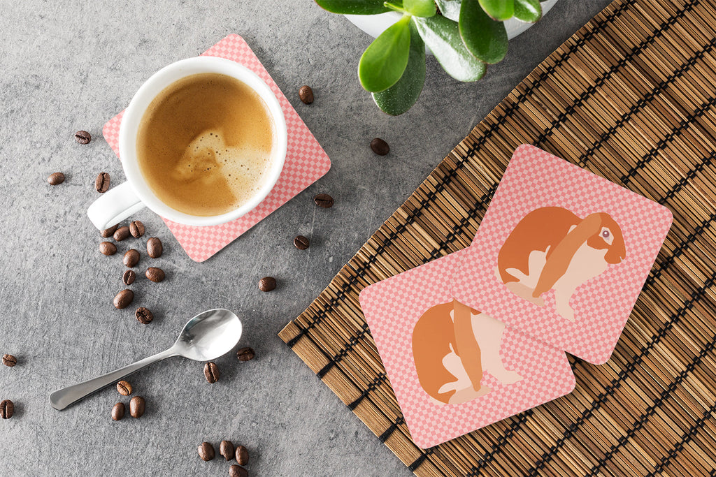English Lop Rabbit Pink Check Foam Coasters Set of 4 Cup Coasters for Indoor Outdoor, Tabletop Protection, Anti Slip, Mouse pad Material