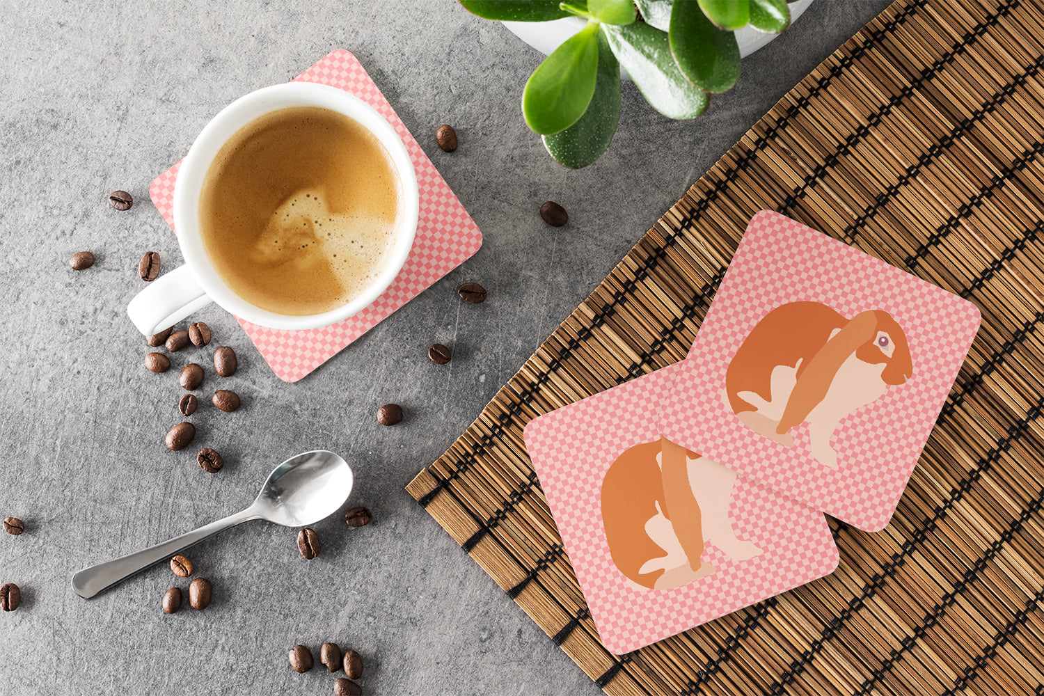English Lop Rabbit Pink Check Foam Coasters Set of 4 Cup Coasters for Indoor Outdoor, Tabletop Protection, Anti Slip, Mouse pad Material