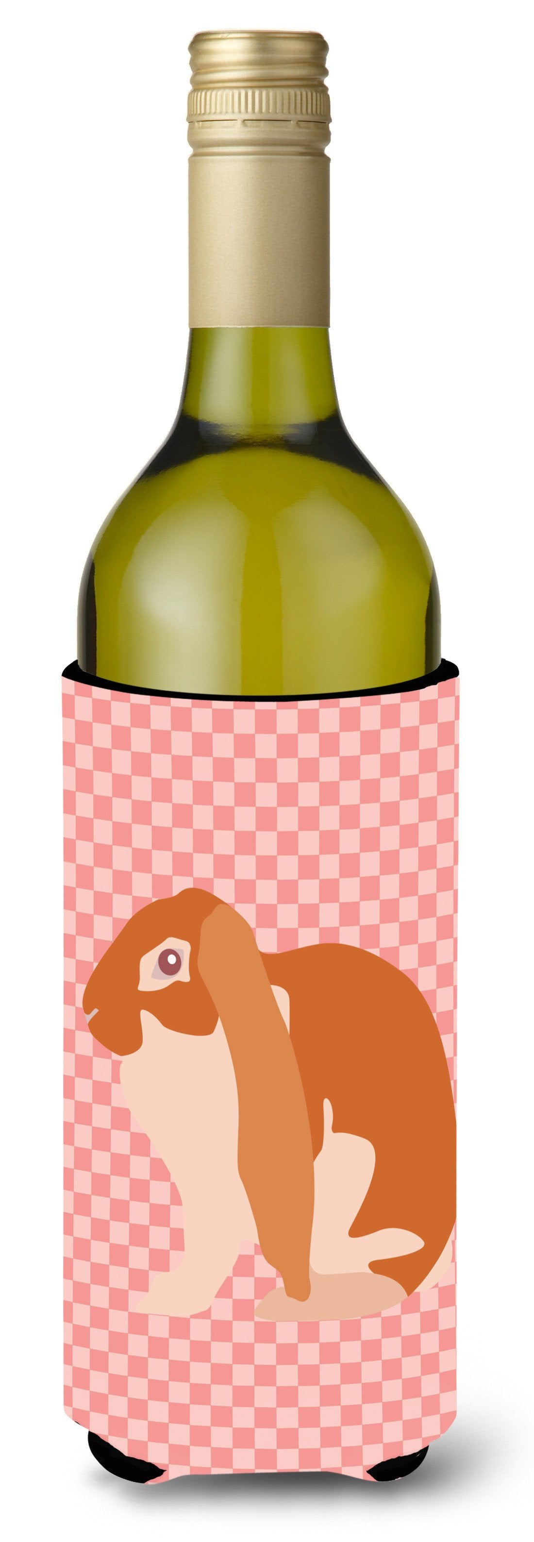 English Lop Rabbit Pink Check Wine Bottle Hugger Gift Sleeve for Standard 750 ml Bottles, Insulated Reusable Also Fits Mini Shot & Pint Bottles