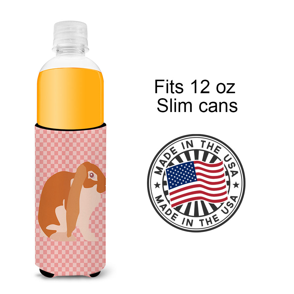 English Lop Rabbit Pink Check Slim Can Hugger , Insulated Foam Hugger for 12 oz Slim Cans, Beer Bottles & Water Bottles, Printed in USA