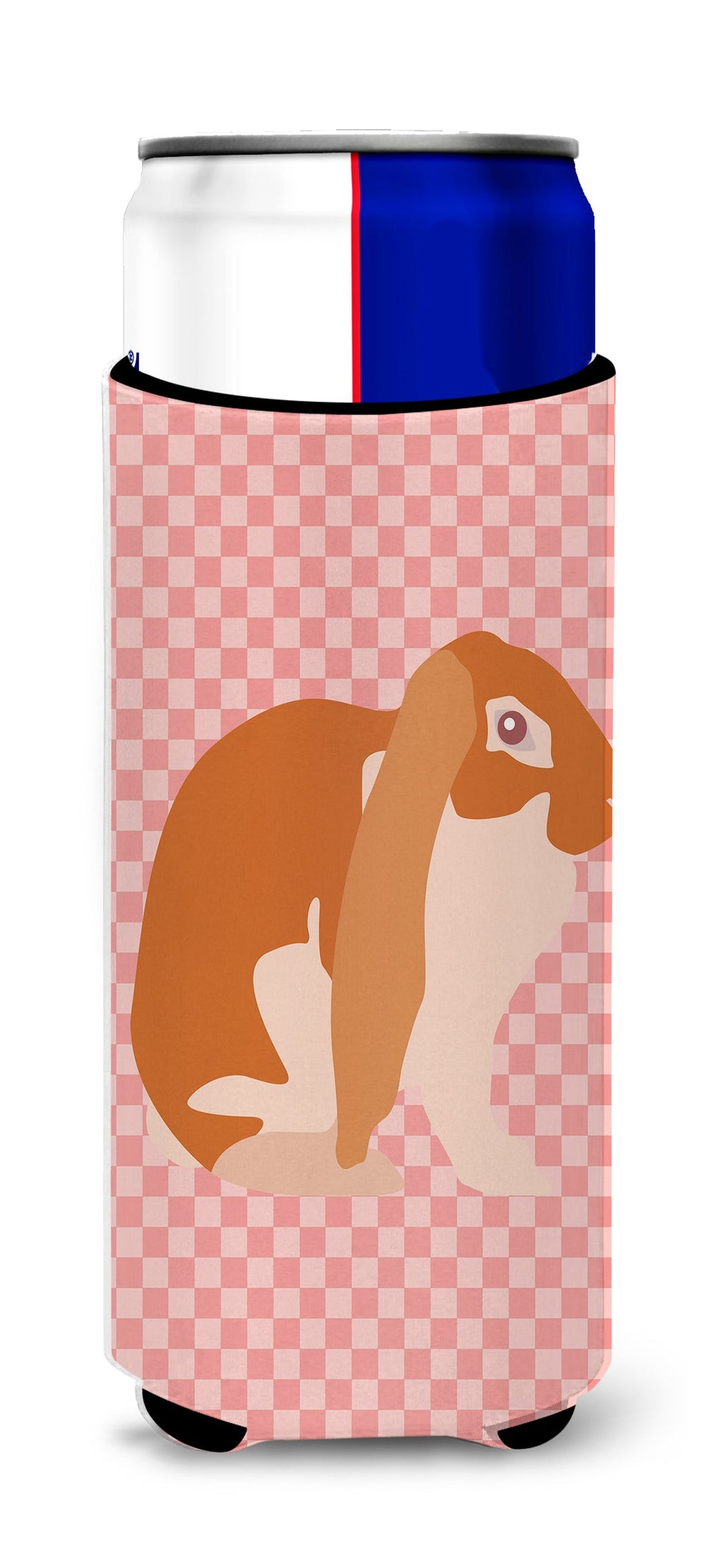 English Lop Rabbit Pink Check Slim Can Hugger , Insulated Foam Hugger for 12 oz Slim Cans, Beer Bottles & Water Bottles, Printed in USA