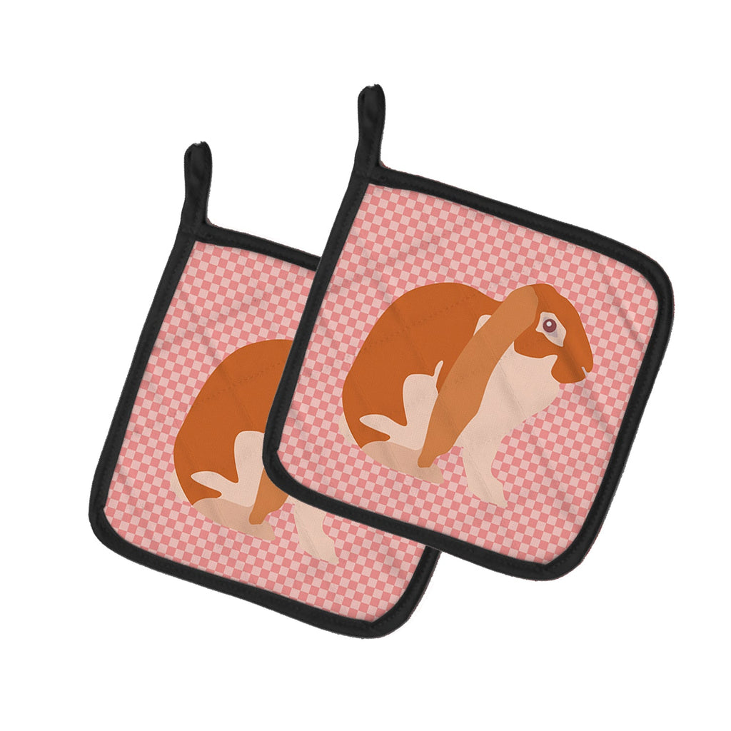 English Lop Rabbit Pink Check Pot Holder Set of 2 Heat Resistant Quilted Hot Pads 7.5 x 7.5 Inch, Insulated Kitchen Trivets for Cooking & Baking
