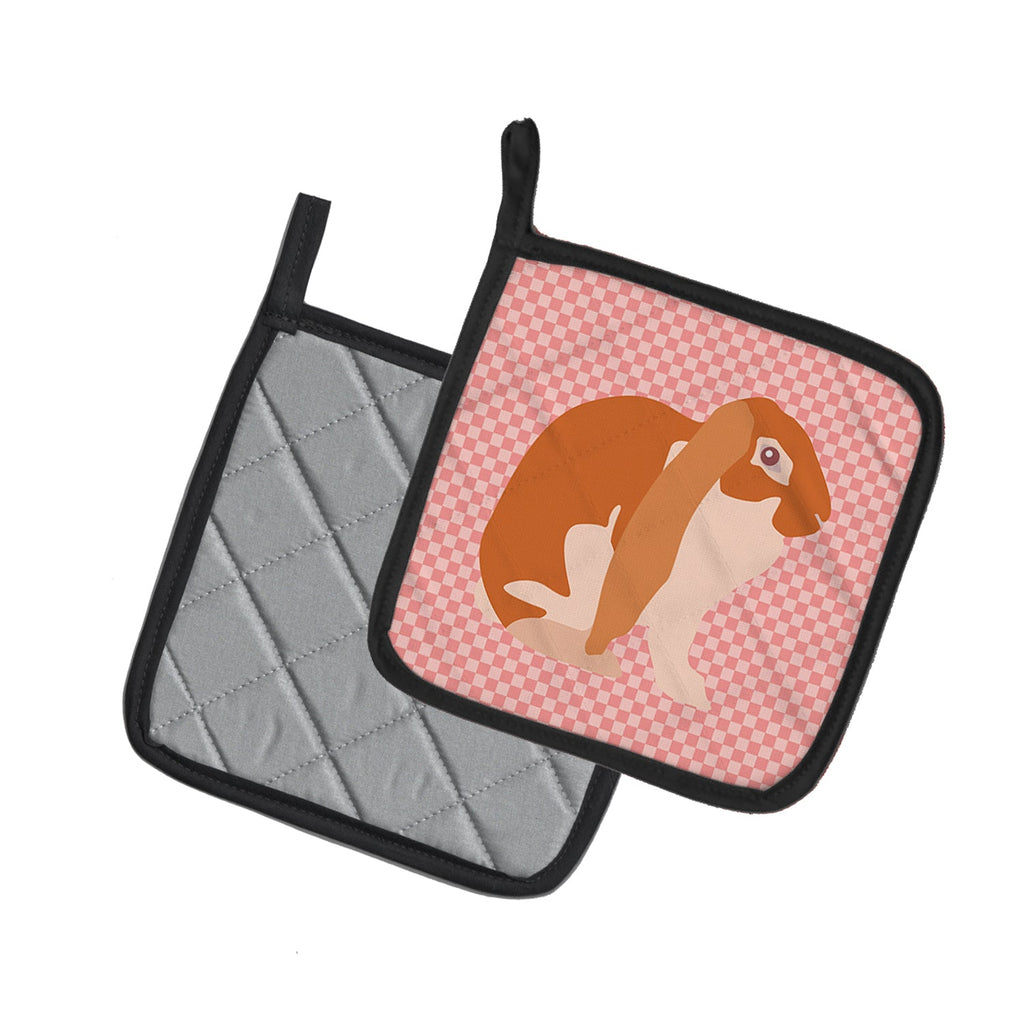 English Lop Rabbit Pink Check Pot Holder Set of 2 Heat Resistant Quilted Hot Pads 7.5 x 7.5 Inch, Insulated Kitchen Trivets for Cooking & Baking