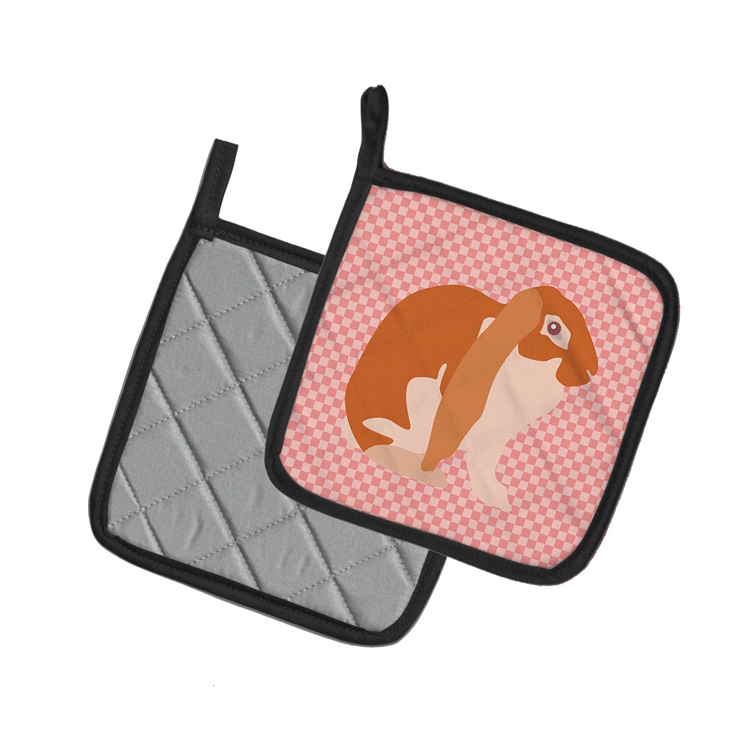 English Lop Rabbit Pink Check Pot Holder Set of 2 Heat Resistant Quilted Hot Pads 7.5 x 7.5 Inch, Insulated Kitchen Trivets for Cooking & Baking