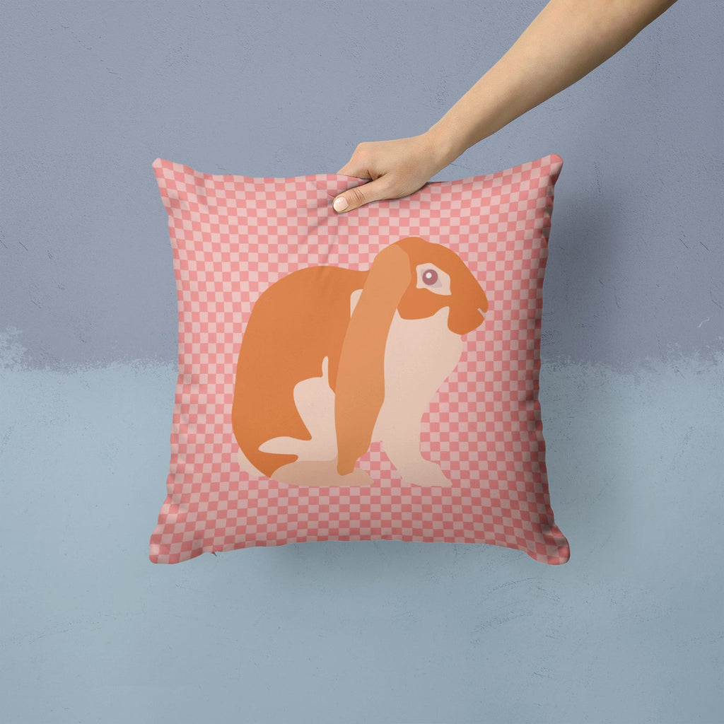 English Lop Rabbit Pink Check Decorative Throw Pillow 14x14 Indoor Outdoor Accent Cushion, Fabric Cover with Insert for Sofa, Bed, Porch & Living Room