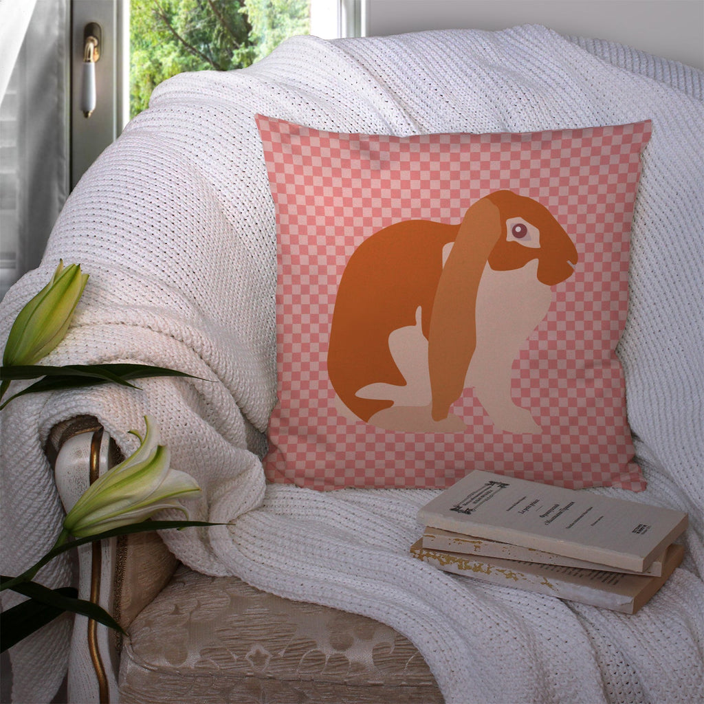 English Lop Rabbit Pink Check Decorative Throw Pillow 14x14 Indoor Outdoor Accent Cushion, Fabric Cover with Insert for Sofa, Bed, Porch & Living Room
