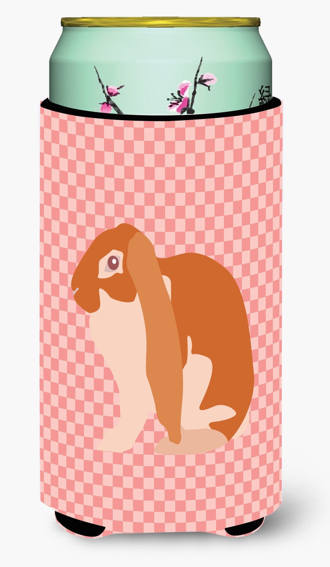 English Lop Rabbit Pink Check Tall Boy Hugger Can Cooler Sleeve Machine Washable Drink Collapsible Insulator Beverage Insulated Holder