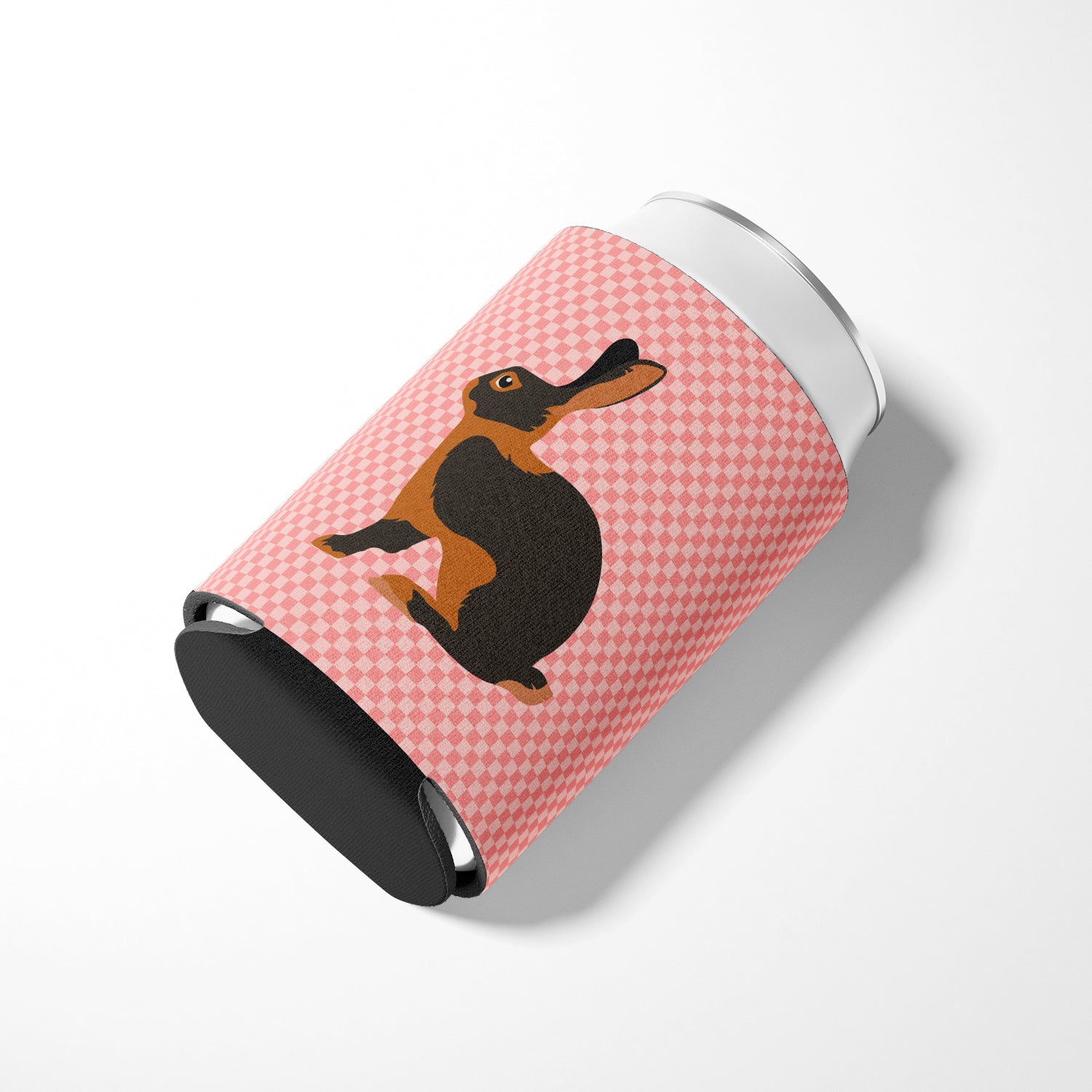 Tan Rabbit Pink Check Can or Bottle Hugger Cooler Sleeve for Standard 12 oz Cans, Insulated Foam Beer & Soda Can Hugger Reusable