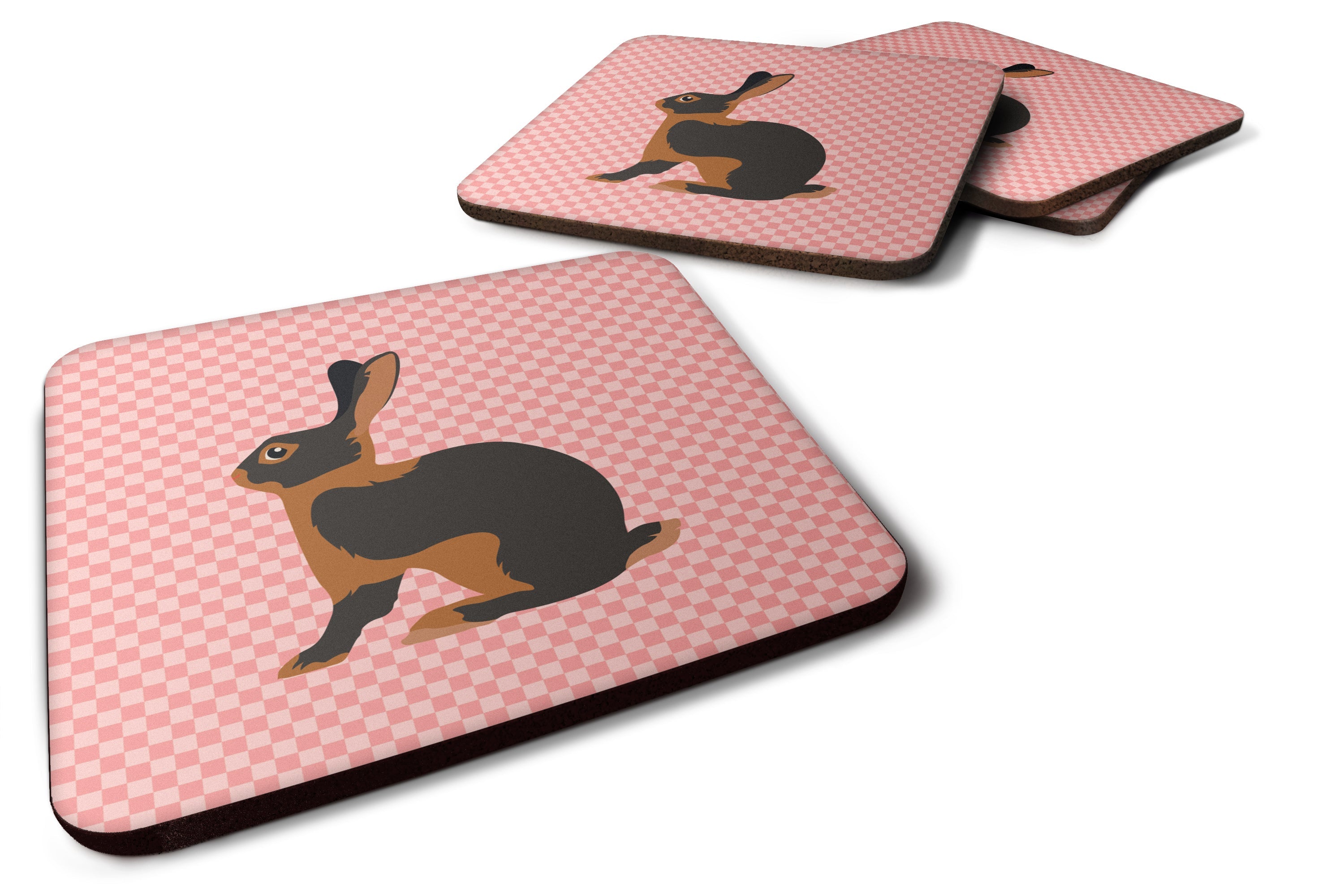 Tan Rabbit Pink Check Foam Coasters Set of 4 Cup Coasters for Indoor Outdoor, Tabletop Protection, Anti Slip, Mouse pad Material