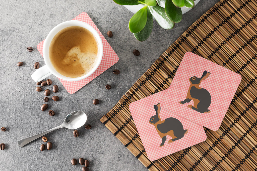 Tan Rabbit Pink Check Foam Coasters Set of 4 Cup Coasters for Indoor Outdoor, Tabletop Protection, Anti Slip, Mouse pad Material