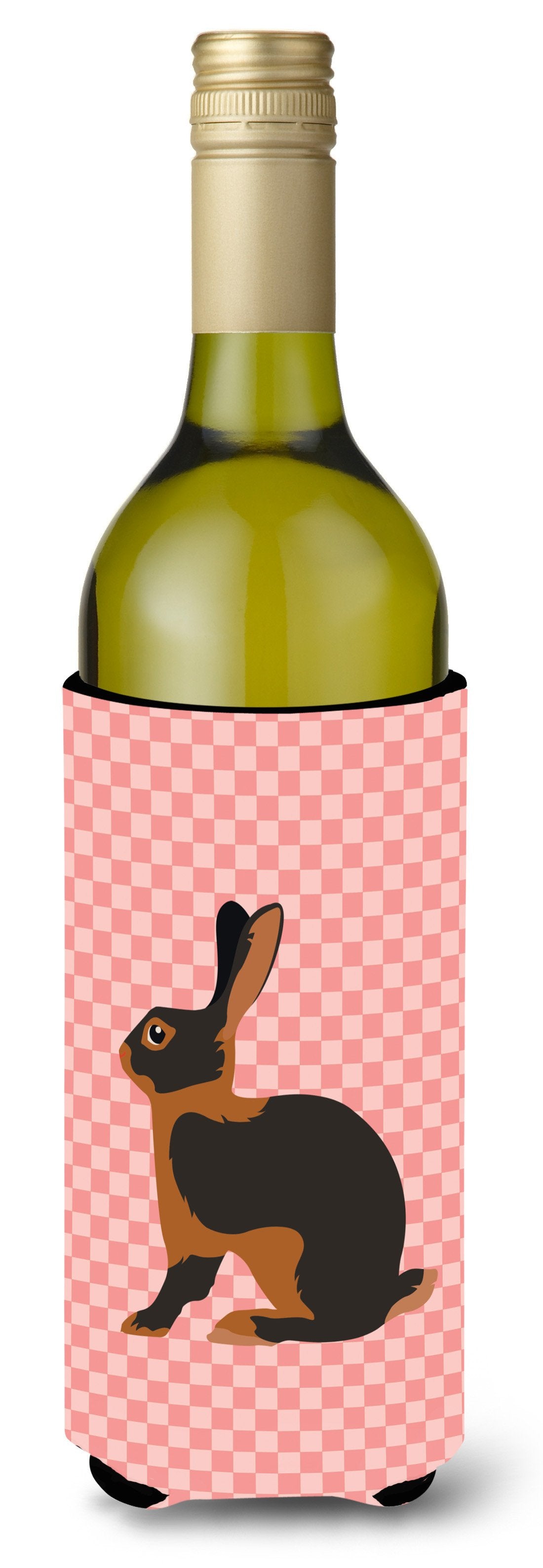 Tan Rabbit Pink Check Wine Bottle Hugger Gift Sleeve for Standard 750 ml Bottles, Insulated Reusable Also Fits Mini Shot & Pint Bottles
