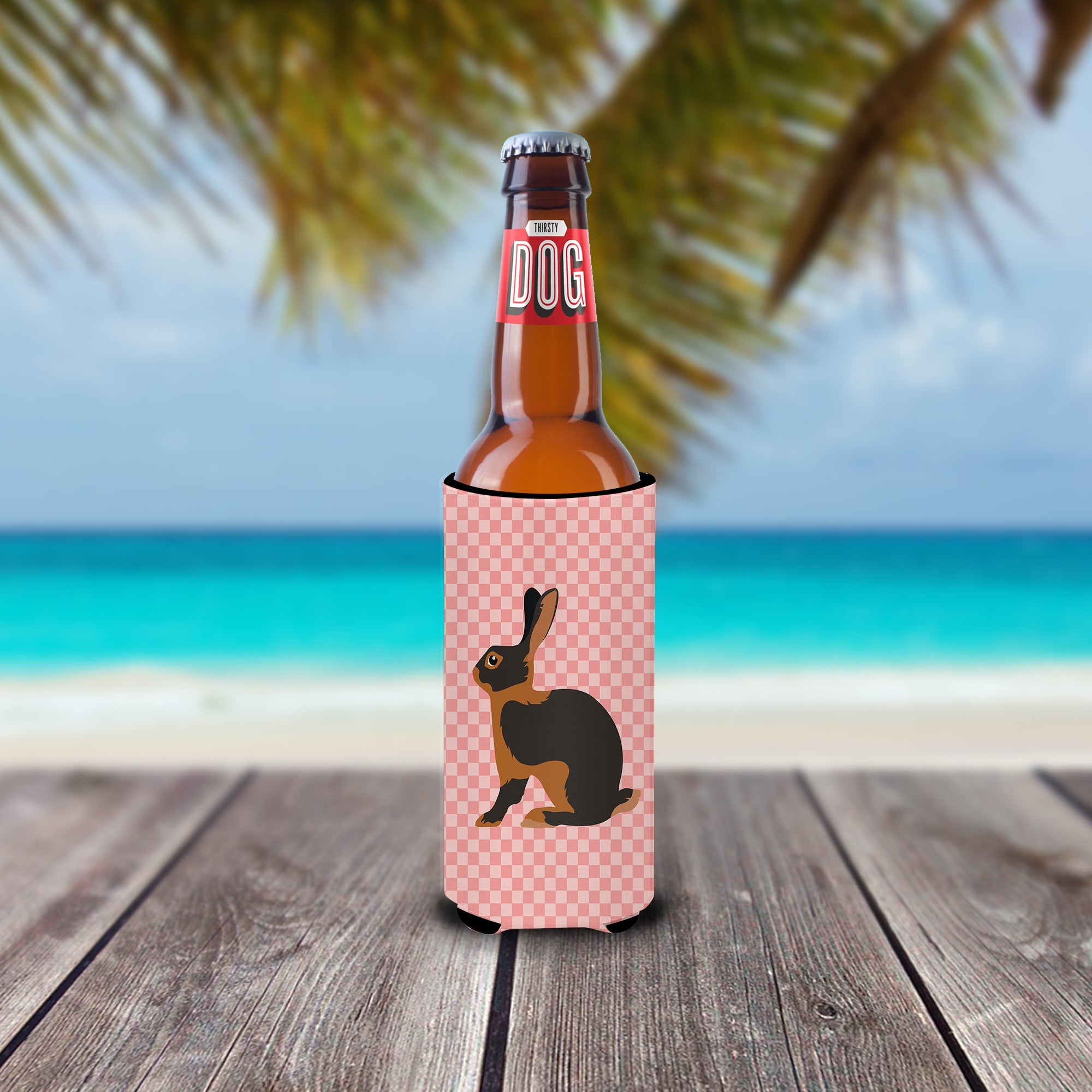 Tan Rabbit Pink Check Slim Can Hugger , Insulated Foam Hugger for 12 oz Slim Cans, Beer Bottles & Water Bottles, Printed in USA