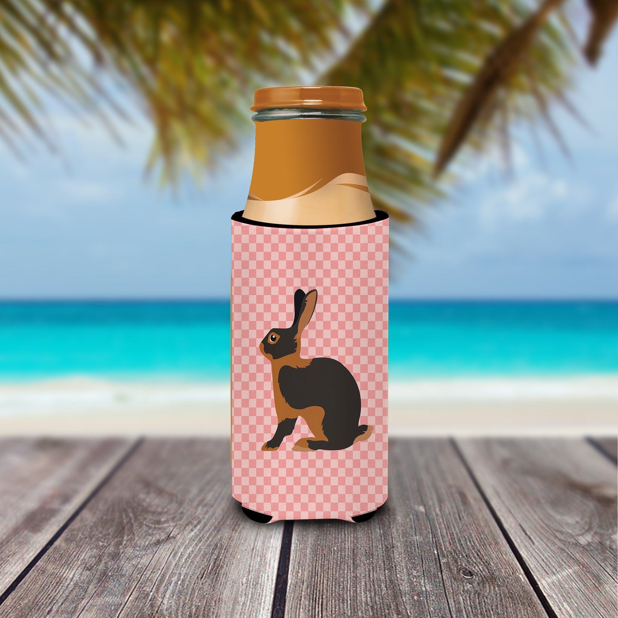 Tan Rabbit Pink Check Slim Can Hugger , Insulated Foam Hugger for 12 oz Slim Cans, Beer Bottles & Water Bottles, Printed in USA