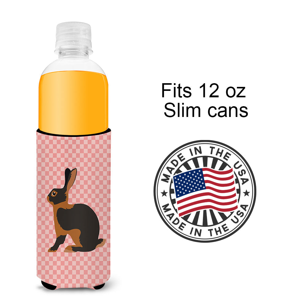 Tan Rabbit Pink Check Slim Can Hugger , Insulated Foam Hugger for 12 oz Slim Cans, Beer Bottles & Water Bottles, Printed in USA