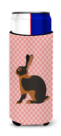 Tan Rabbit Pink Check Slim Can Hugger , Insulated Foam Hugger for 12 oz Slim Cans, Beer Bottles & Water Bottles, Printed in USA