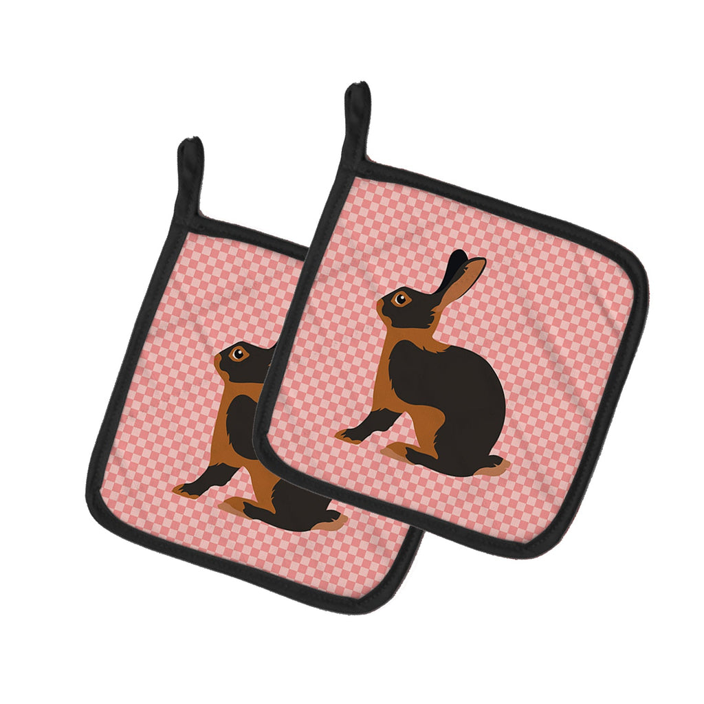 Tan Rabbit Pink Check Pot Holder Set of 2 Heat Resistant Quilted Hot Pads 7.5 x 7.5 Inch, Insulated Kitchen Trivets for Cooking & Baking