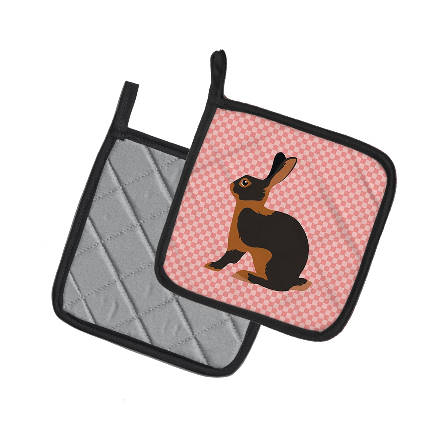 Tan Rabbit Pink Check Pot Holder Set of 2 Heat Resistant Quilted Hot Pads 7.5 x 7.5 Inch, Insulated Kitchen Trivets for Cooking & Baking