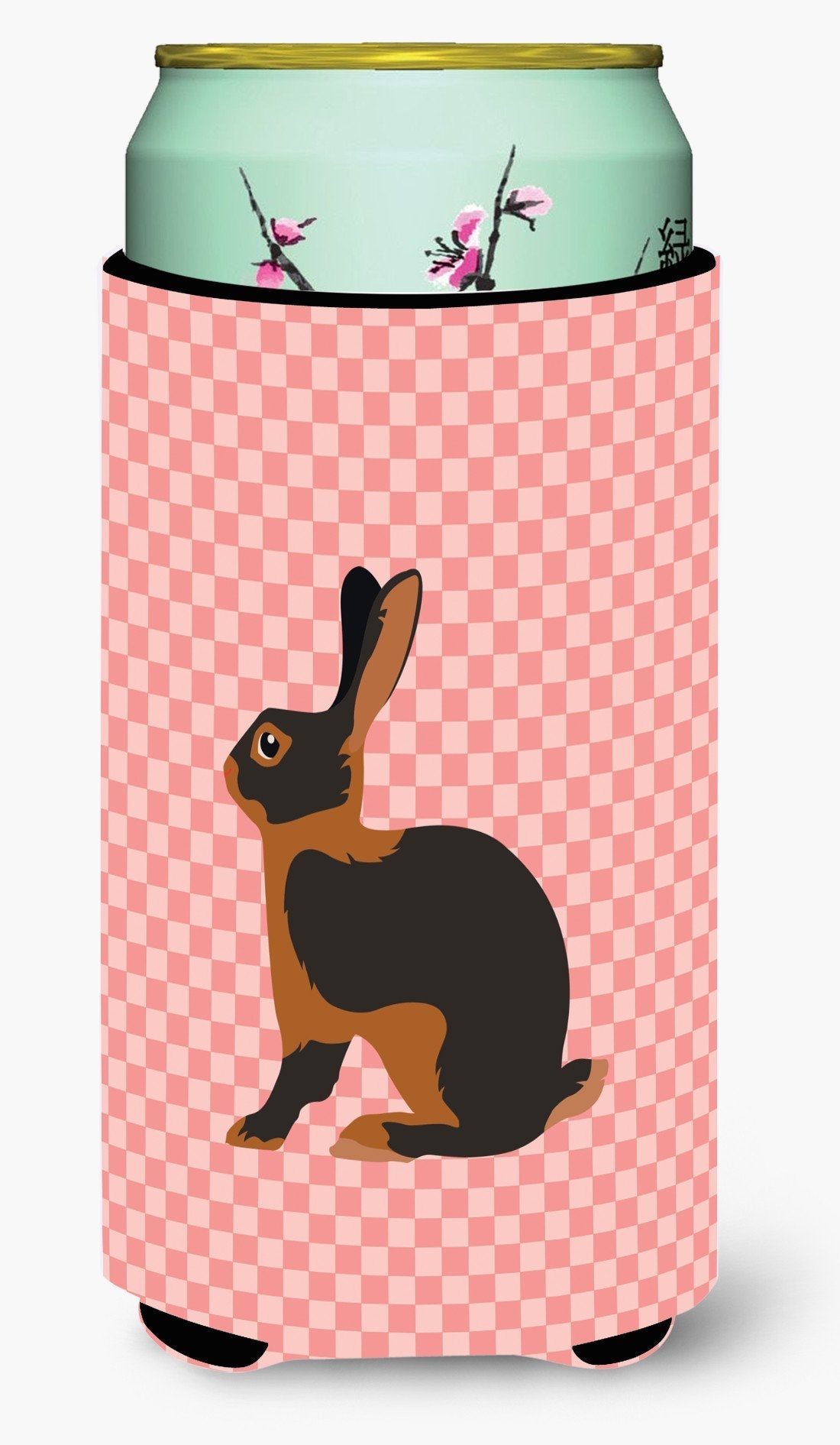Tan Rabbit Pink Check Tall Boy Hugger Can Cooler Sleeve Machine Washable Drink Collapsible Insulator Beverage Insulated Holder