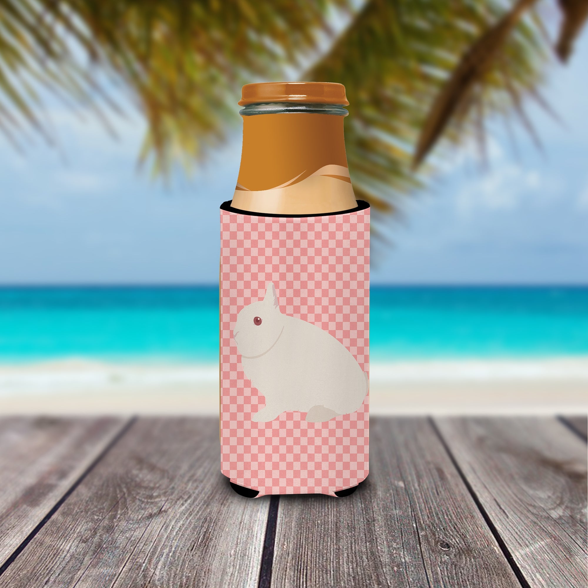 Hermelin Rabbit Pink Check Slim Can Hugger , Insulated Foam Hugger for 12 oz Slim Cans, Beer Bottles & Water Bottles, Printed in USA