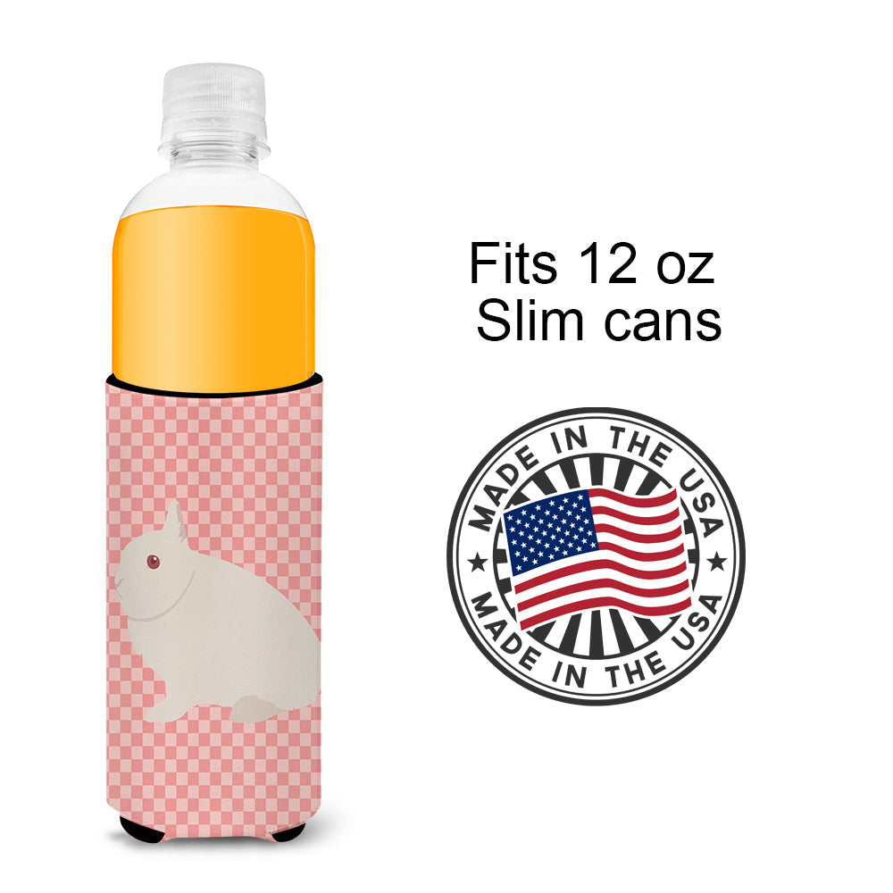 Hermelin Rabbit Pink Check Slim Can Hugger , Insulated Foam Hugger for 12 oz Slim Cans, Beer Bottles & Water Bottles, Printed in USA