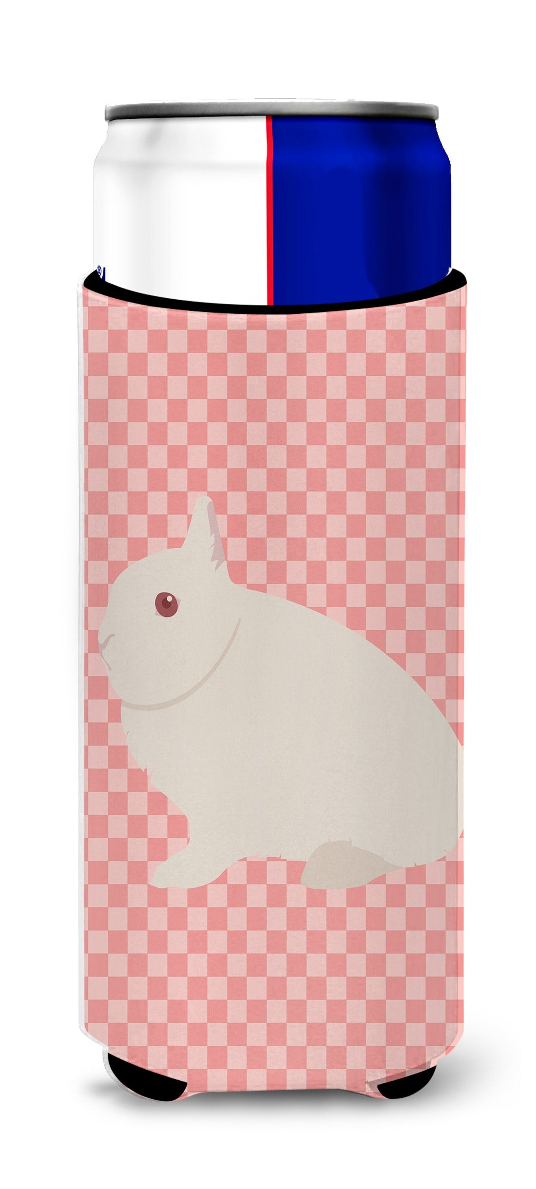 Hermelin Rabbit Pink Check Slim Can Hugger , Insulated Foam Hugger for 12 oz Slim Cans, Beer Bottles & Water Bottles, Printed in USA