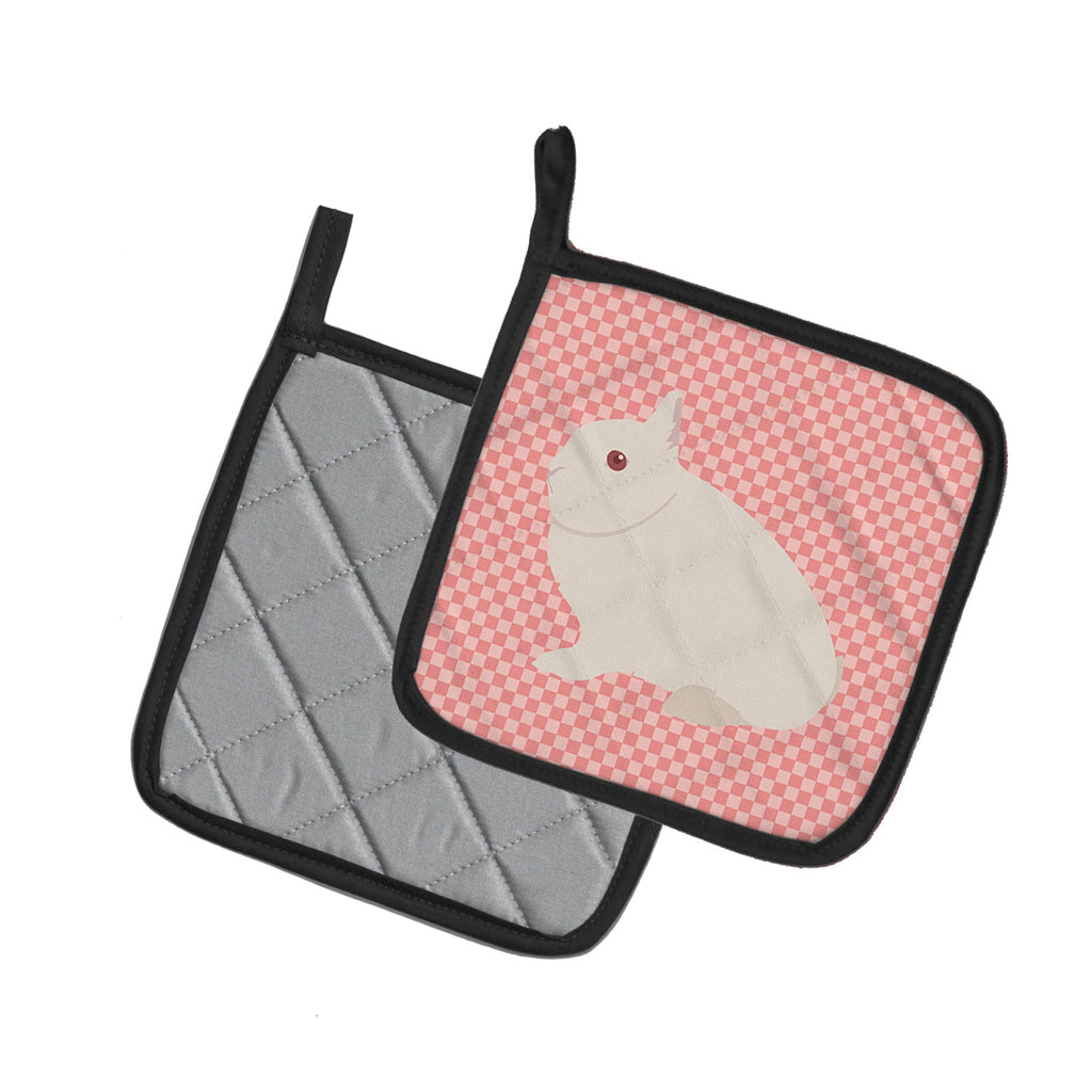Hermelin Rabbit Pink Check Pot Holder Set of 2 Heat Resistant Quilted Hot Pads 7.5 x 7.5 Inch, Insulated Kitchen Trivets for Cooking & Baking