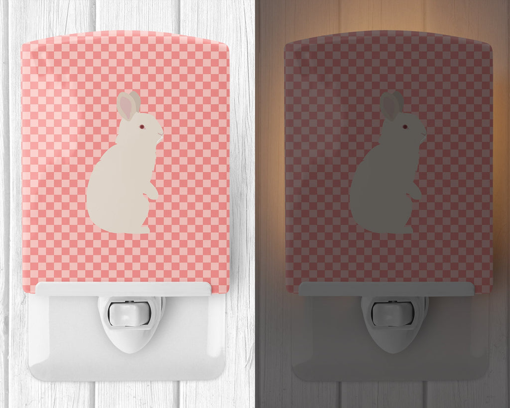 New Zealand White Rabbit Pink Check Ceramic Night Light Compact, UL-Certified, Ideal for Bedroom, Bathroom, Nursery, Hallway, Kitchen, 6x4x3, Multicolor