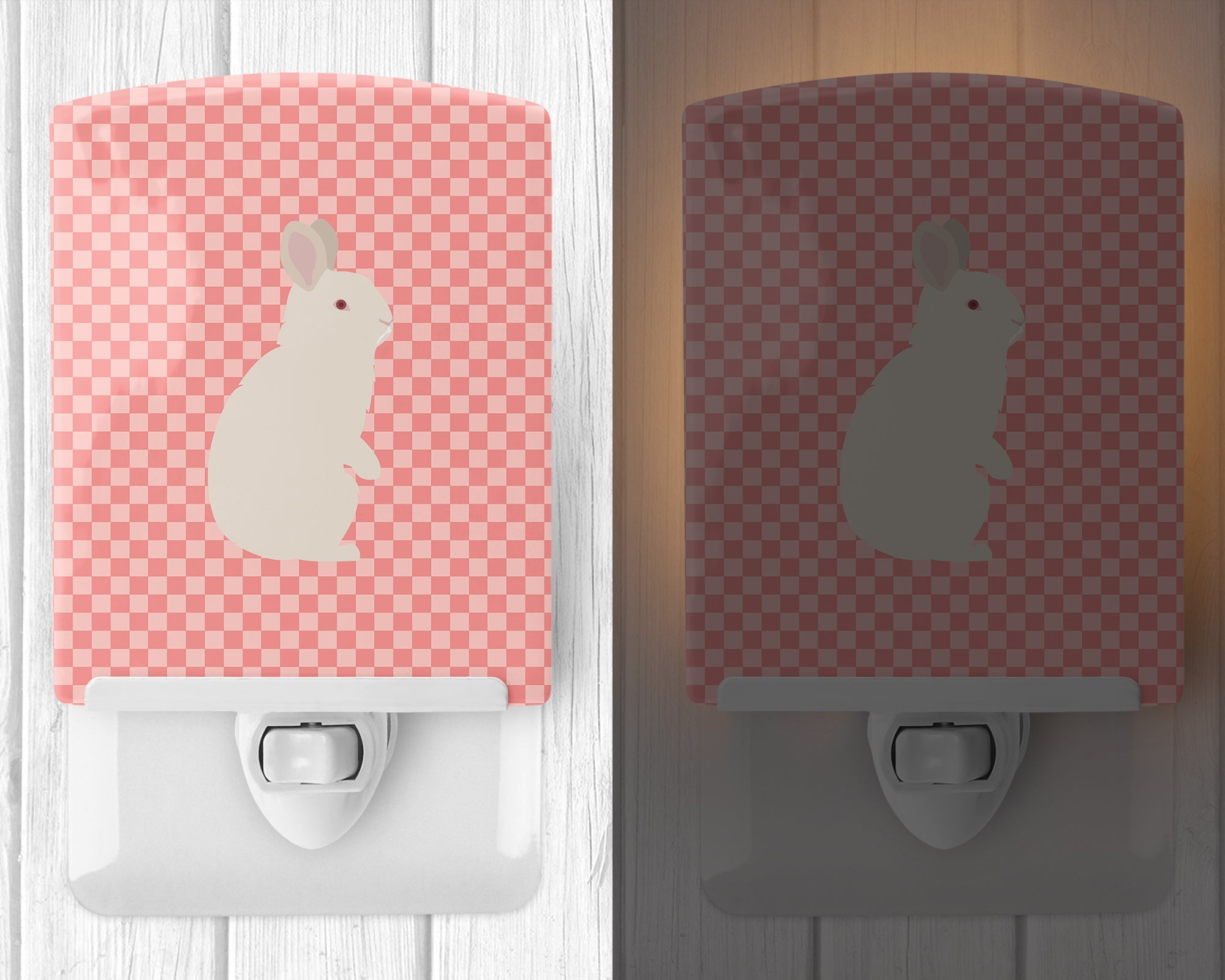 New Zealand White Rabbit Pink Check Ceramic Night Light Compact, UL-Certified, Ideal for Bedroom, Bathroom, Nursery, Hallway, Kitchen, 6x4x3, Multicolor